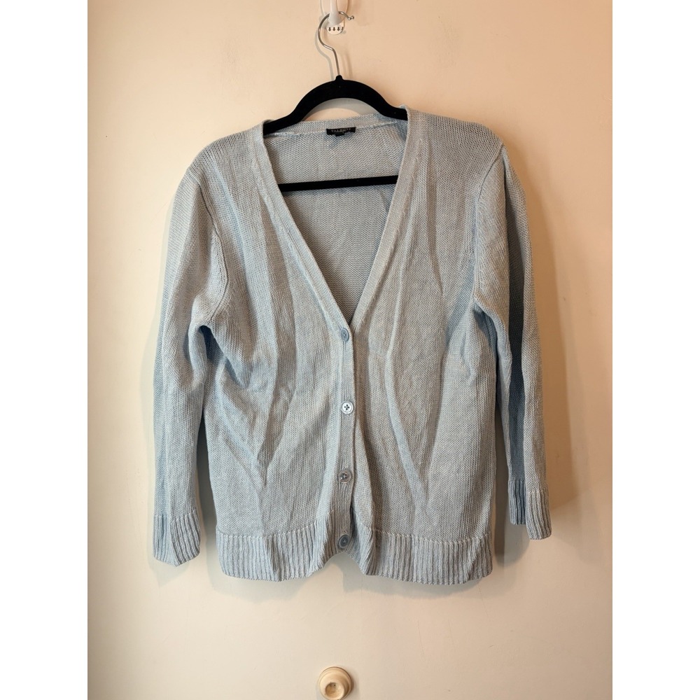 Vintage Talbots 100% Linen Button Front Cardigan Deep V Size Large Blue